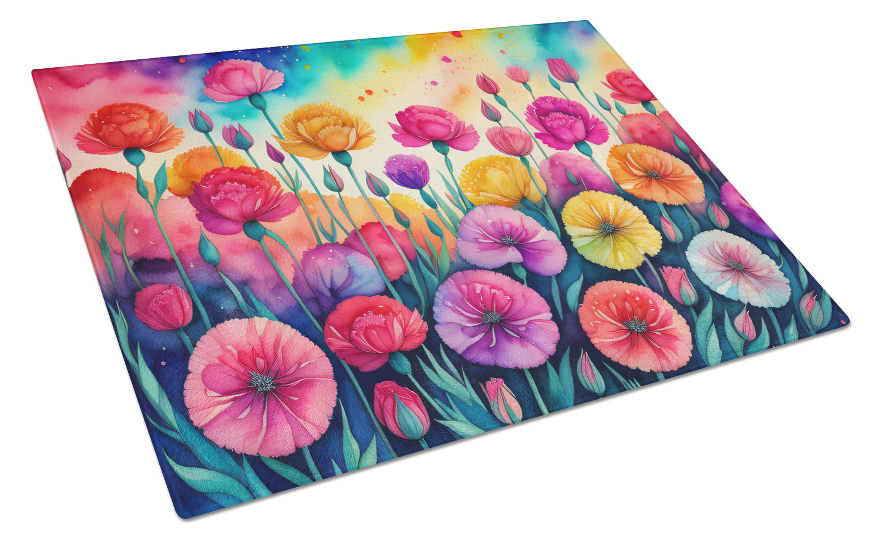 Carnations in Color Cutting Board Tempered Glass Kitchen Cutting Surface, Heat Resistant Chopping, Non-Slip Feet, Food Prep & Serving