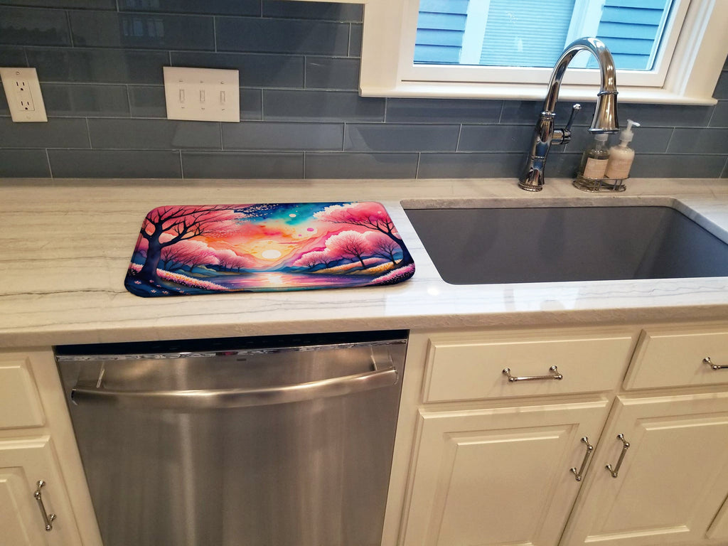 Cherry Blossom in Color Dish Drying Mat Absorbent Dish Drying Mat Pad for Kitchen Counter Dish Drainer Mat for Countertop, 14 x 21", Multicolor