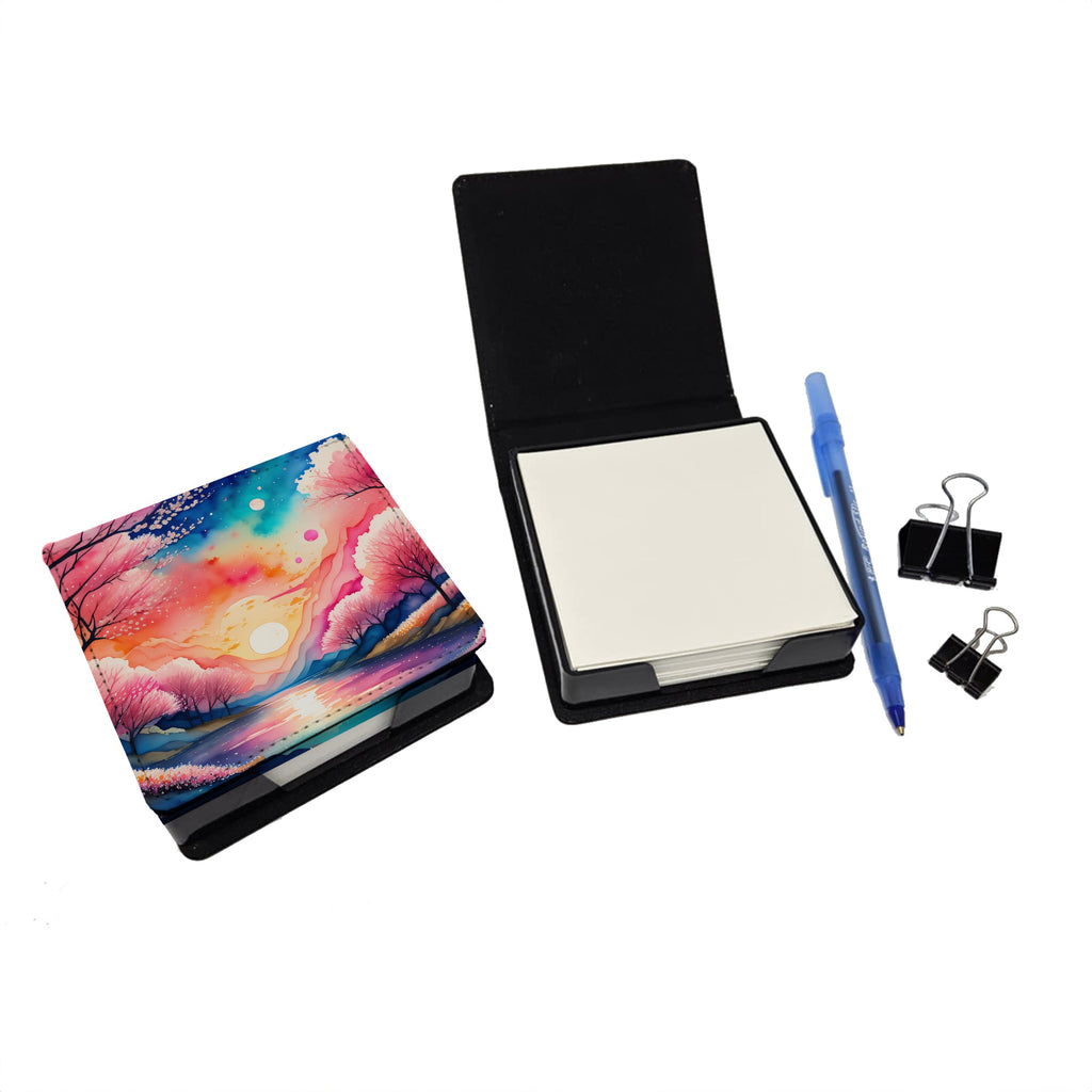 Cherry Blossom in Color PU Leather Note Paper Holder with Artist-Designed Cover, Desk Accessory, Office Gift