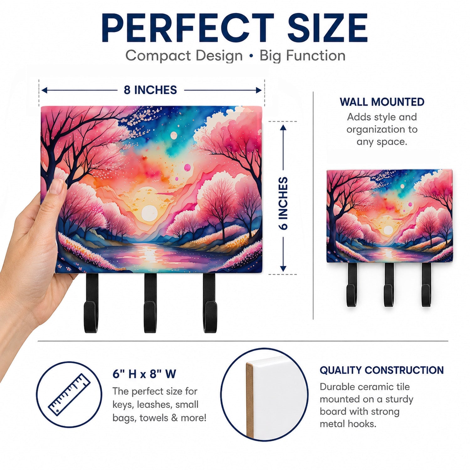 Cherry Blossom in Color Leash or Key Holder Wall Hooks, Coat Rack Wall Mount, for Hanging Keys, Towels, Aprons, Leashes