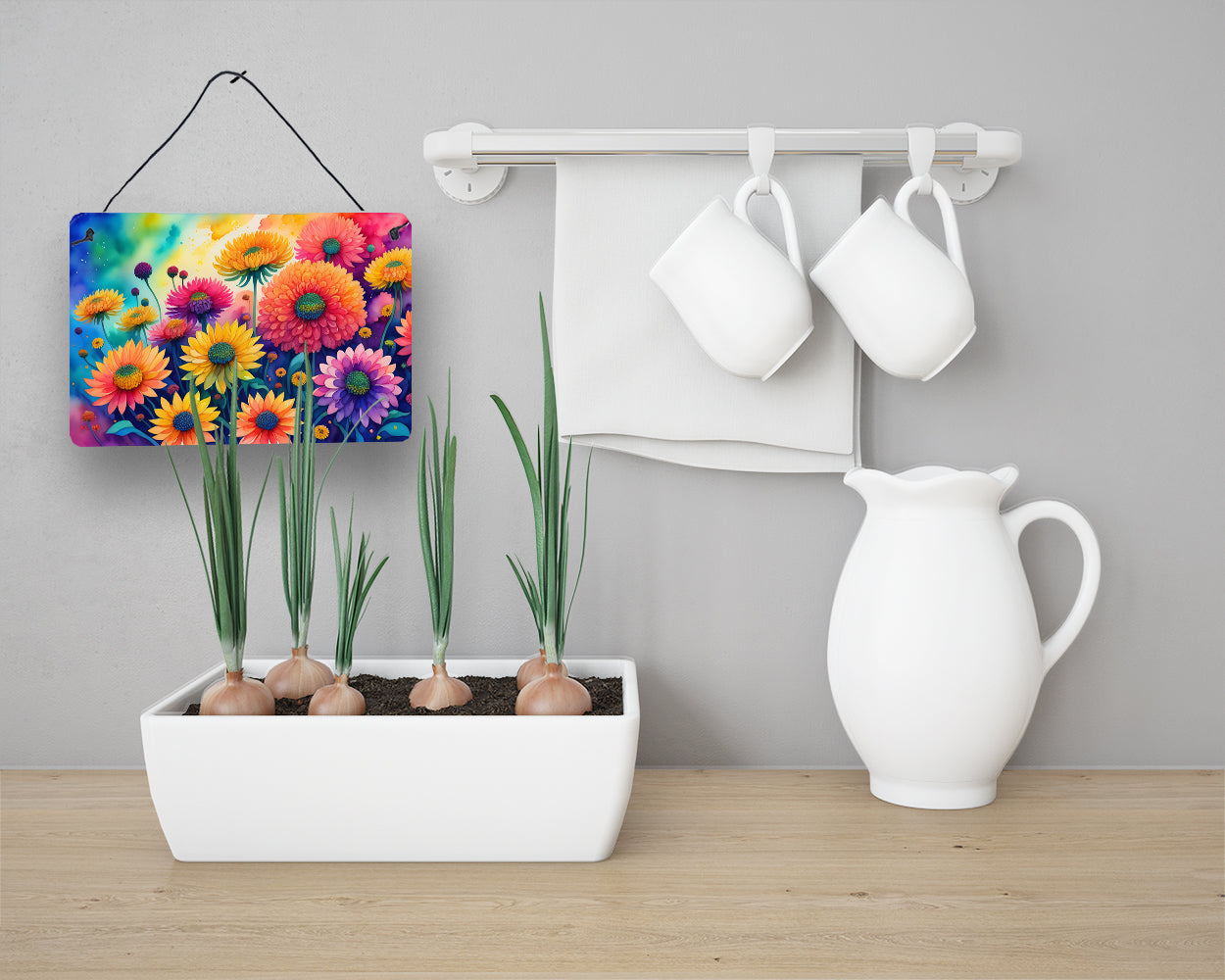 Chrysanthemums in Color Wall or Door Hanging Prints Aluminum Metal Sign Kitchen Wall Bar Bathroom Plaque Home Decor, 8HX12W, Multicolor