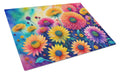 Chrysanthemums in Color Cutting Board Tempered Glass Kitchen Cutting Surface, Heat Resistant Chopping, Non-Slip Feet, Food Prep & Serving