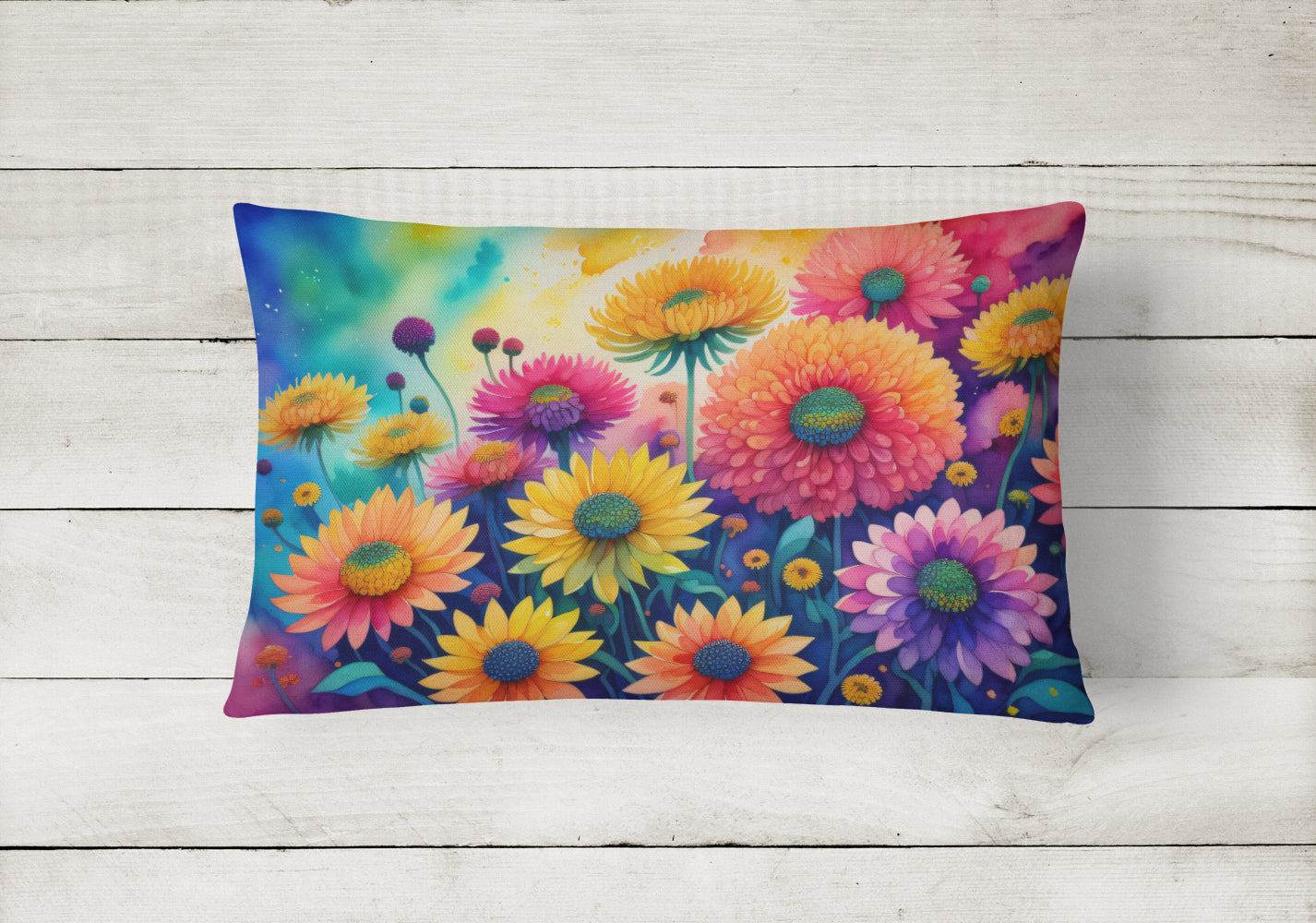 Chrysanthemums in Color Decorative Throw Pillow 12x16 Indoor Outdoor Accent Cushion, Fabric Cover with Insert for Sofa, Bed, Porch & Living Room