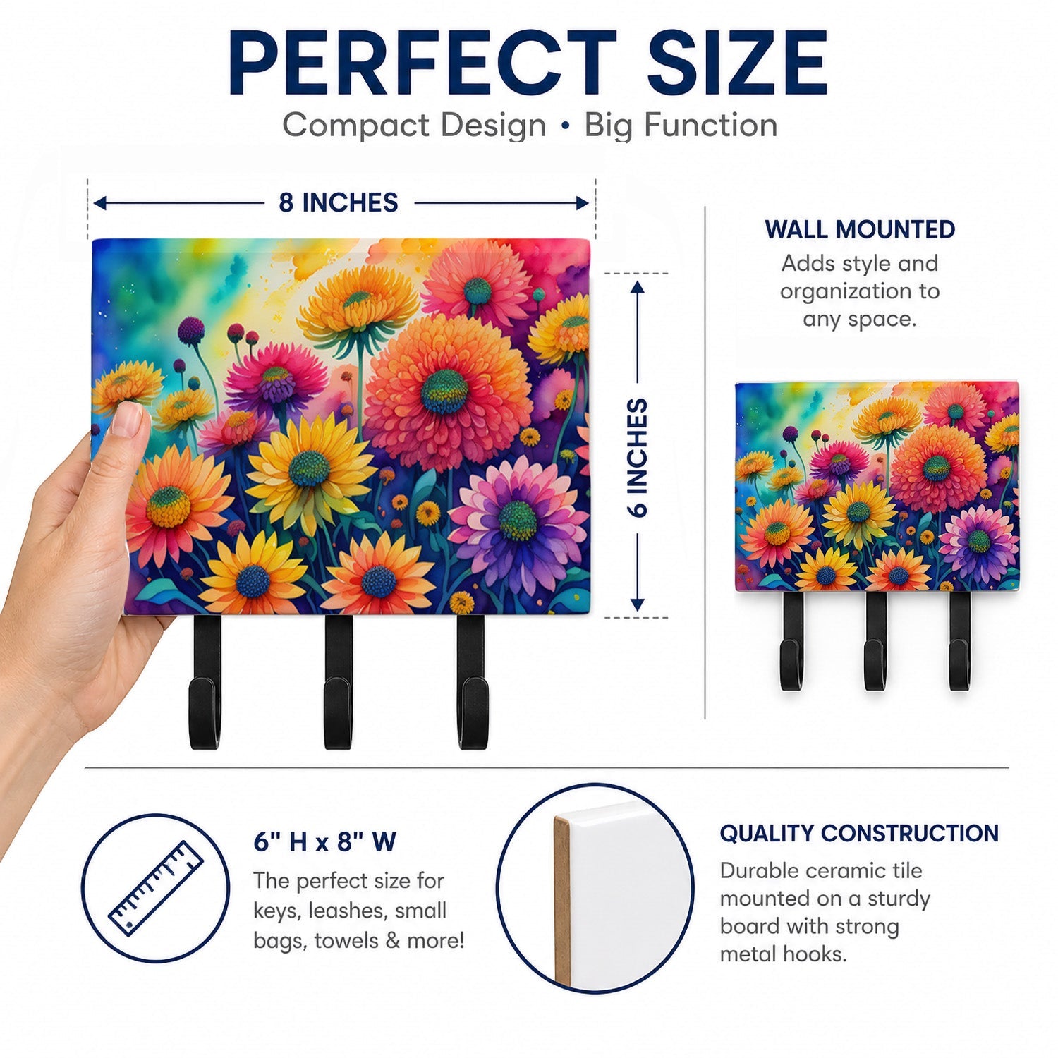 Chrysanthemums in Color Leash or Key Holder Wall Hooks, Coat Rack Wall Mount, for Hanging Keys, Towels, Aprons, Leashes