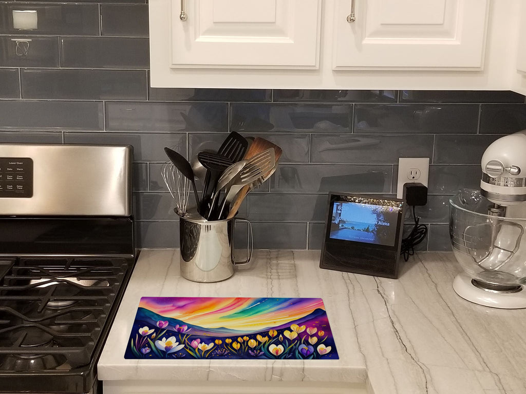Crocus in Color Cutting Board Tempered Glass Kitchen Cutting Surface, Heat Resistant Chopping, Non-Slip Feet, Food Prep & Serving