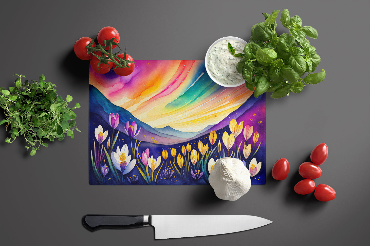 Crocus in Color Cutting Board Tempered Glass Kitchen Cutting Surface, Heat Resistant Chopping, Non-Slip Feet, Food Prep & Serving