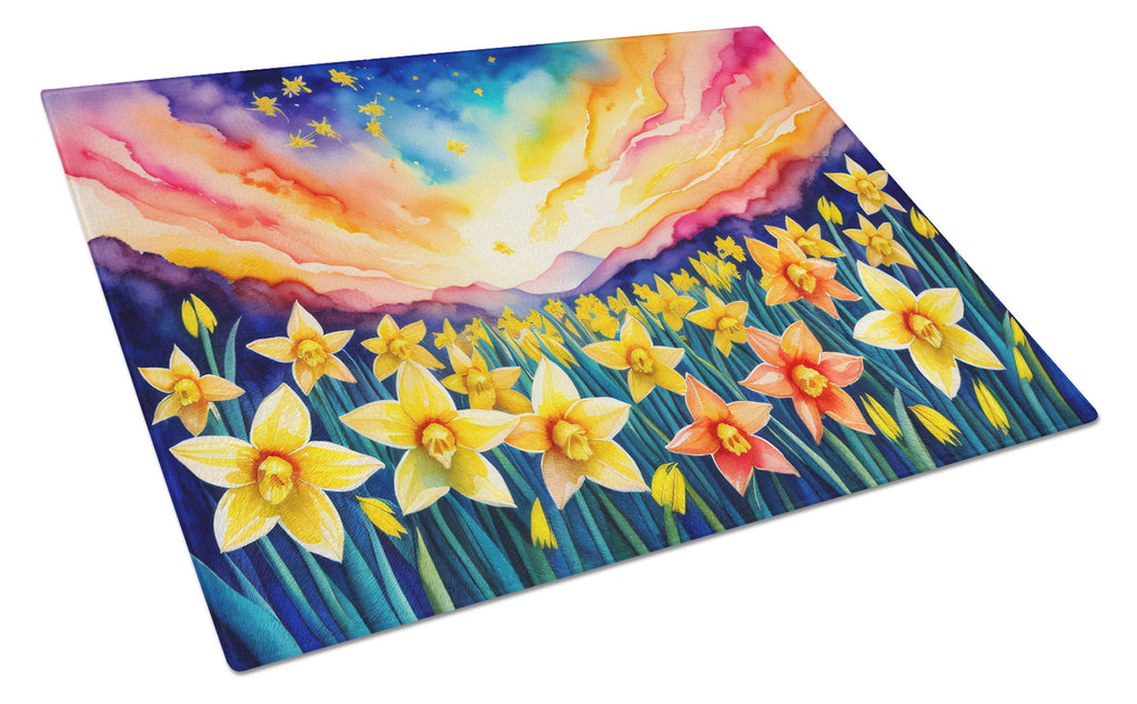 Daffodils in Color Cutting Board Tempered Glass Kitchen Cutting Surface, Heat Resistant Chopping, Non-Slip Feet, Food Prep & Serving