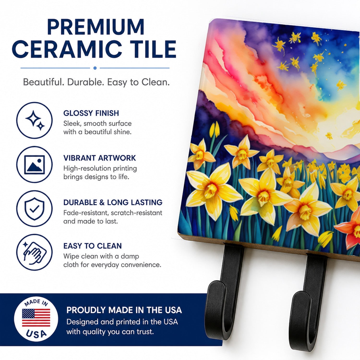 Daffodils in Color Leash or Key Holder Wall Hooks, Coat Rack Wall Mount, for Hanging Keys, Towels, Aprons, Leashes