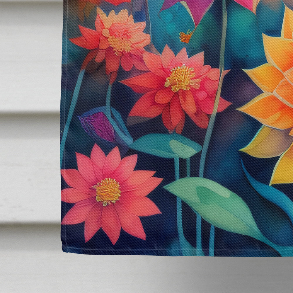 Dahlias in Color House Flag 28x40 Porch Sleeve Pole Decorative Outside Yard Banner Artwork Wall Hanging, Polyester