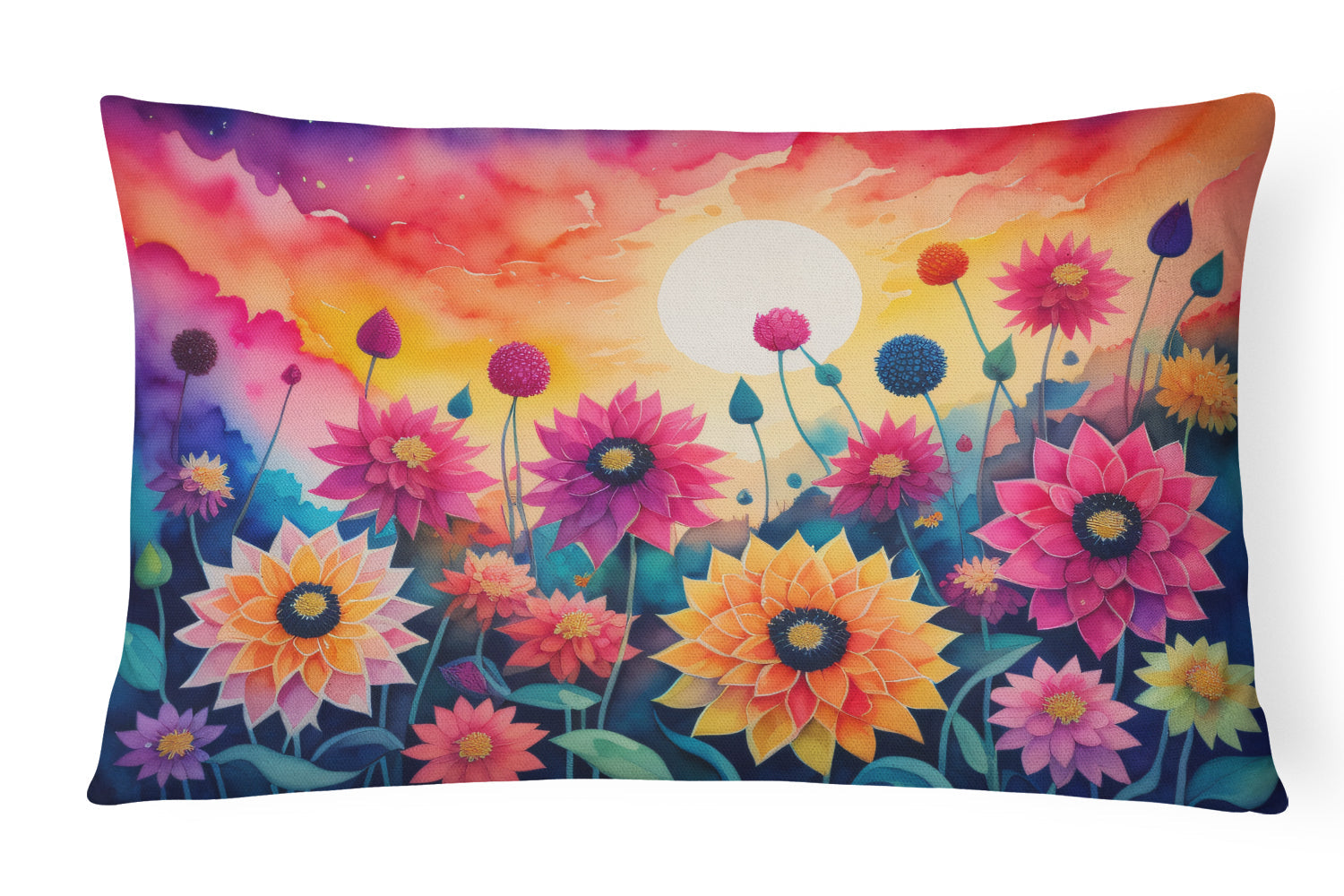 Dahlias in Color Decorative Throw Pillow 12x16 Indoor Outdoor Accent Cushion, Fabric Cover with Insert for Sofa, Bed, Porch & Living Room
