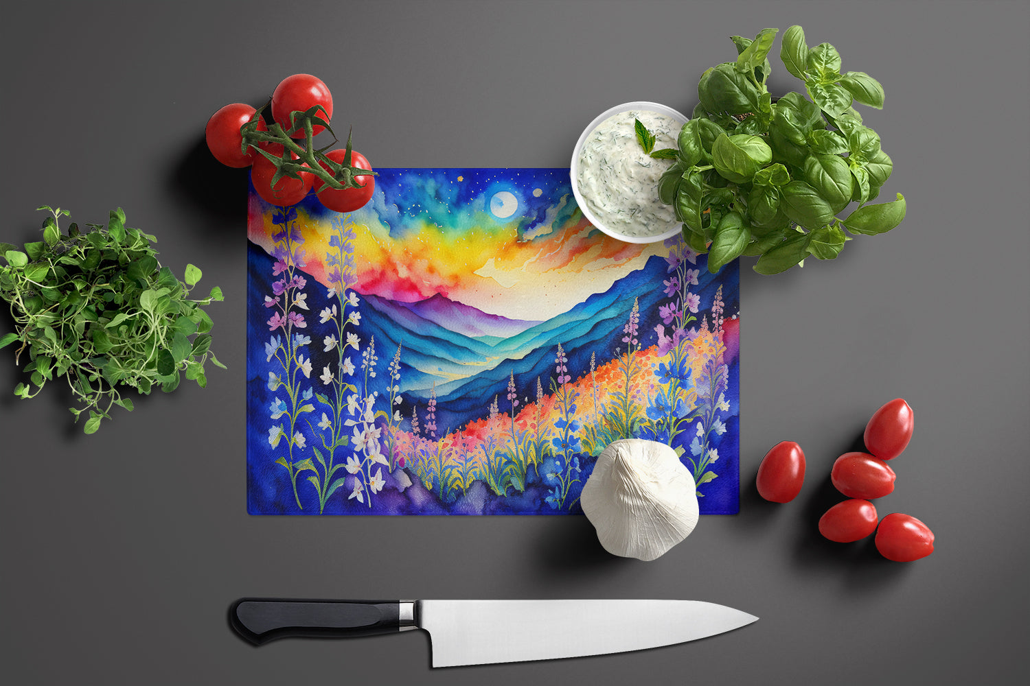 Delphinium in Color Cutting Board Tempered Glass Kitchen Cutting Surface, Heat Resistant Chopping, Non-Slip Feet, Food Prep & Serving