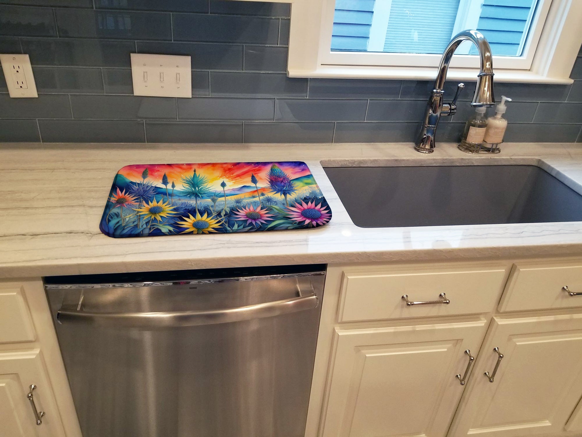 Eryngium in Color Dish Drying Mat Absorbent Dish Drying Mat Pad for Kitchen Counter Dish Drainer Mat for Countertop, 14 x 21", Multicolor