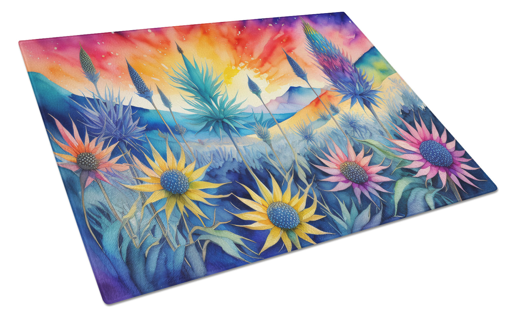 Eryngium in Color Cutting Board Tempered Glass Kitchen Cutting Surface, Heat Resistant Chopping, Non-Slip Feet, Food Prep & Serving