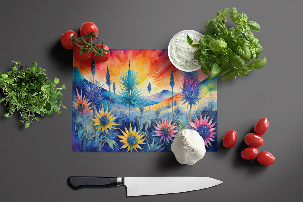 Eryngium in Color Cutting Board Tempered Glass Kitchen Cutting Surface, Heat Resistant Chopping, Non-Slip Feet, Food Prep & Serving