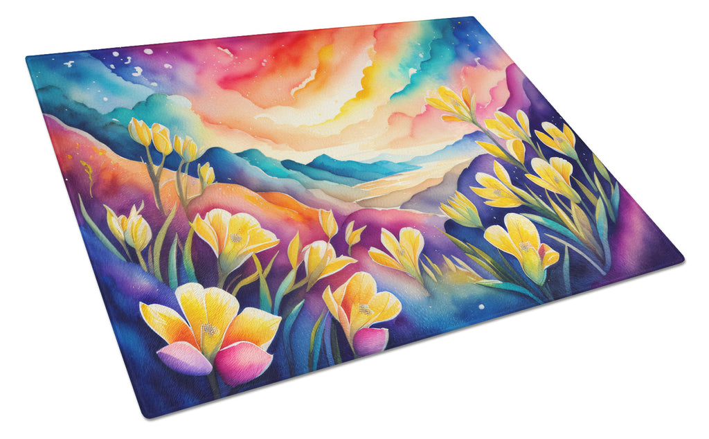 Freesia in Color Cutting Board Tempered Glass Kitchen Cutting Surface, Heat Resistant Chopping, Non-Slip Feet, Food Prep & Serving
