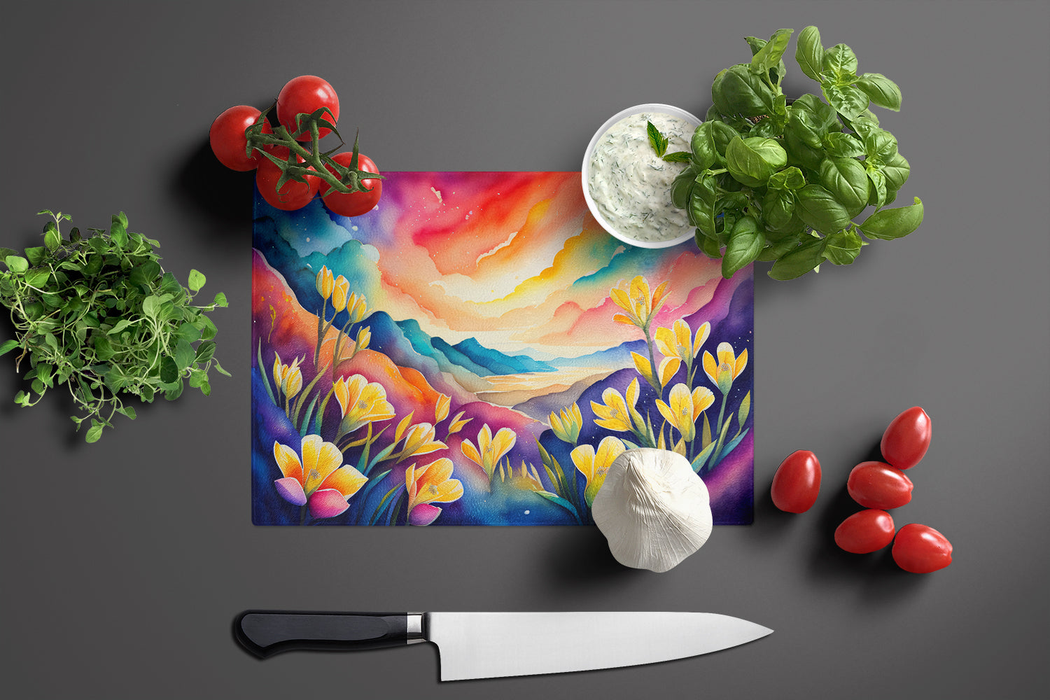 Freesia in Color Cutting Board Tempered Glass Kitchen Cutting Surface, Heat Resistant Chopping, Non-Slip Feet, Food Prep & Serving