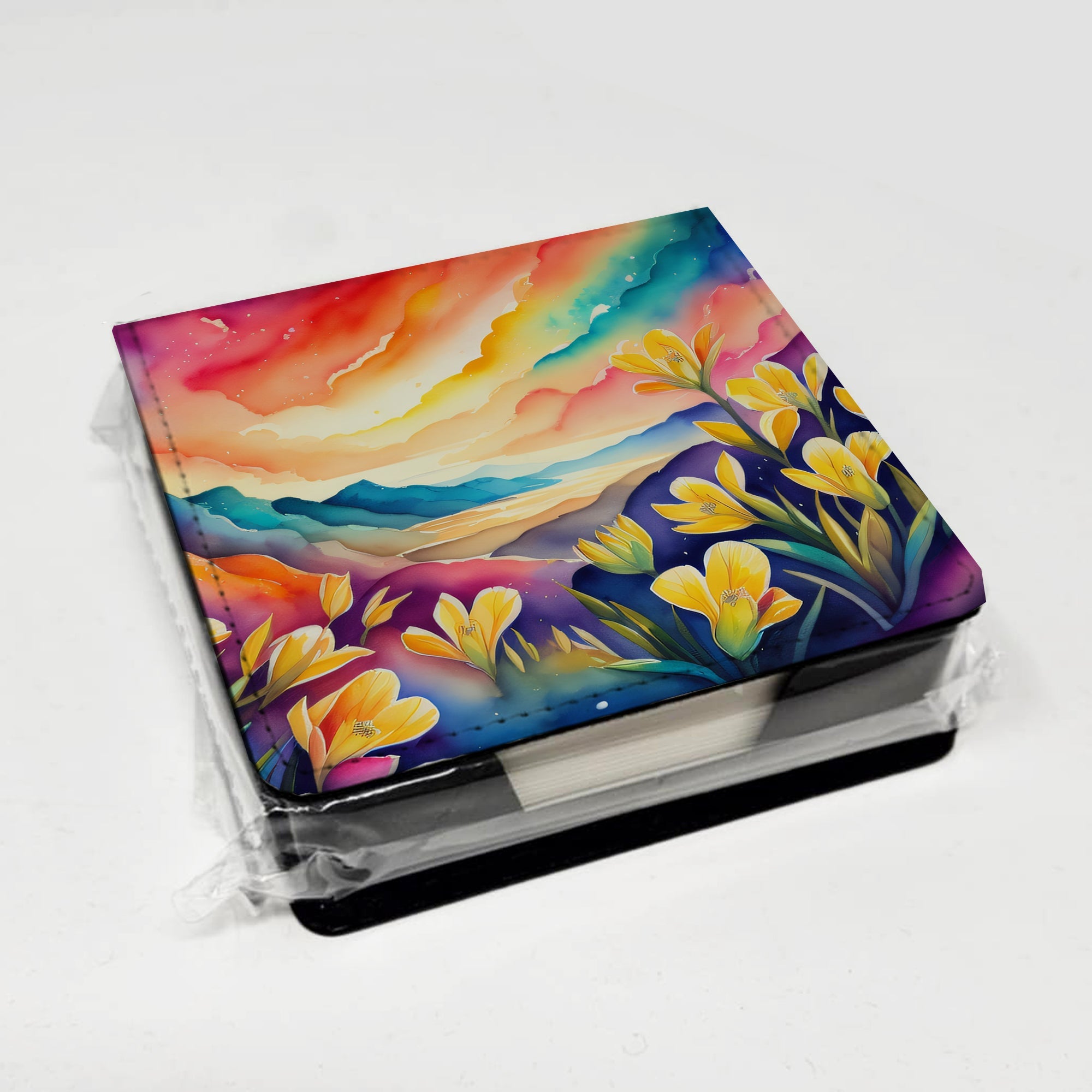 Freesia in Color PU Leather Note Paper Holder with Artist-Designed Cover, Desk Accessory, Office Gift