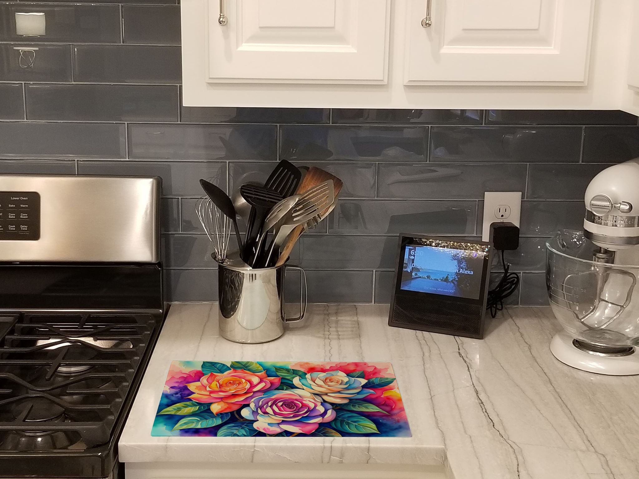 Gardenias in Color Cutting Board Tempered Glass Kitchen Cutting Surface, Heat Resistant Chopping, Non-Slip Feet, Food Prep & Serving