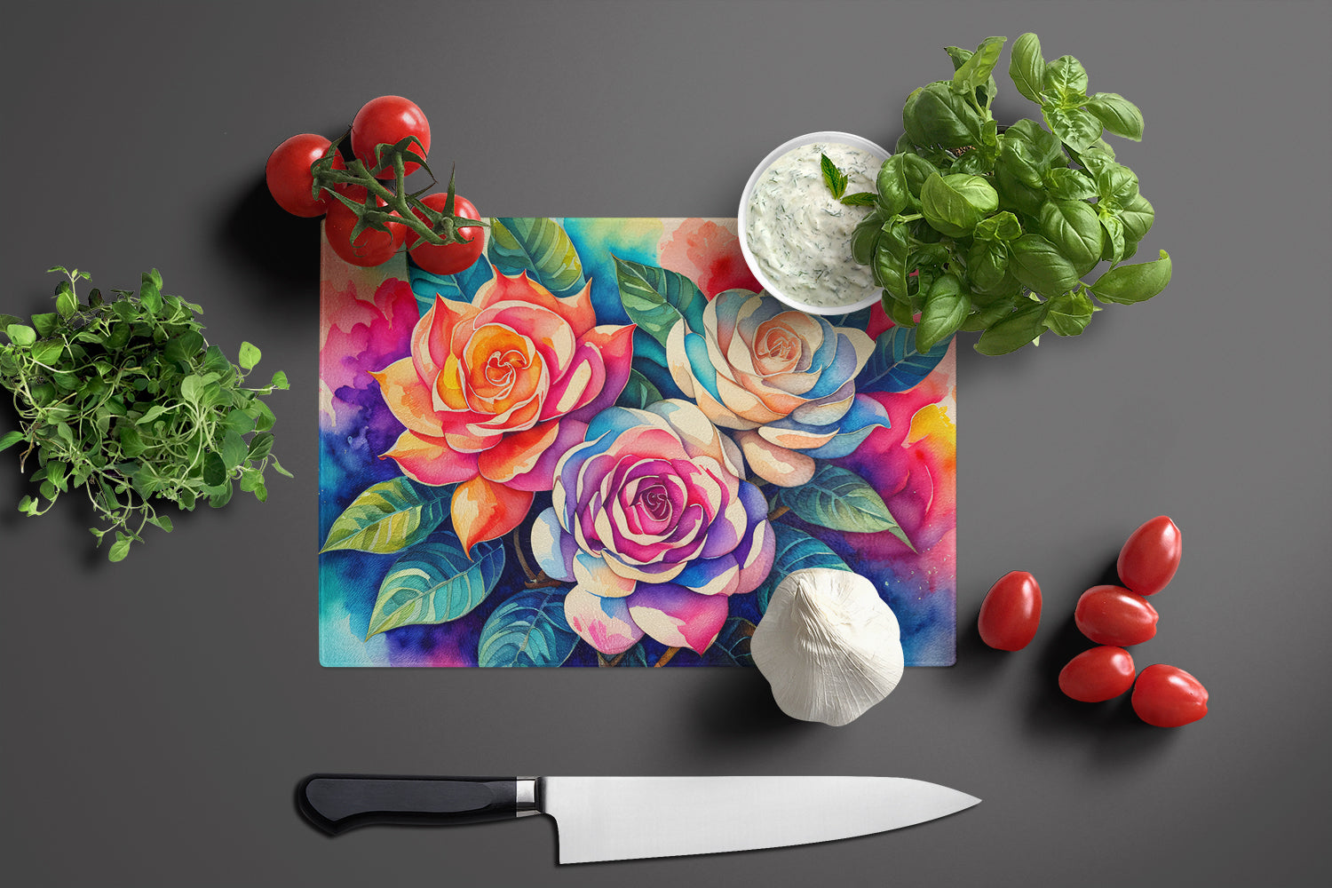 Gardenias in Color Cutting Board Tempered Glass Kitchen Cutting Surface, Heat Resistant Chopping, Non-Slip Feet, Food Prep & Serving