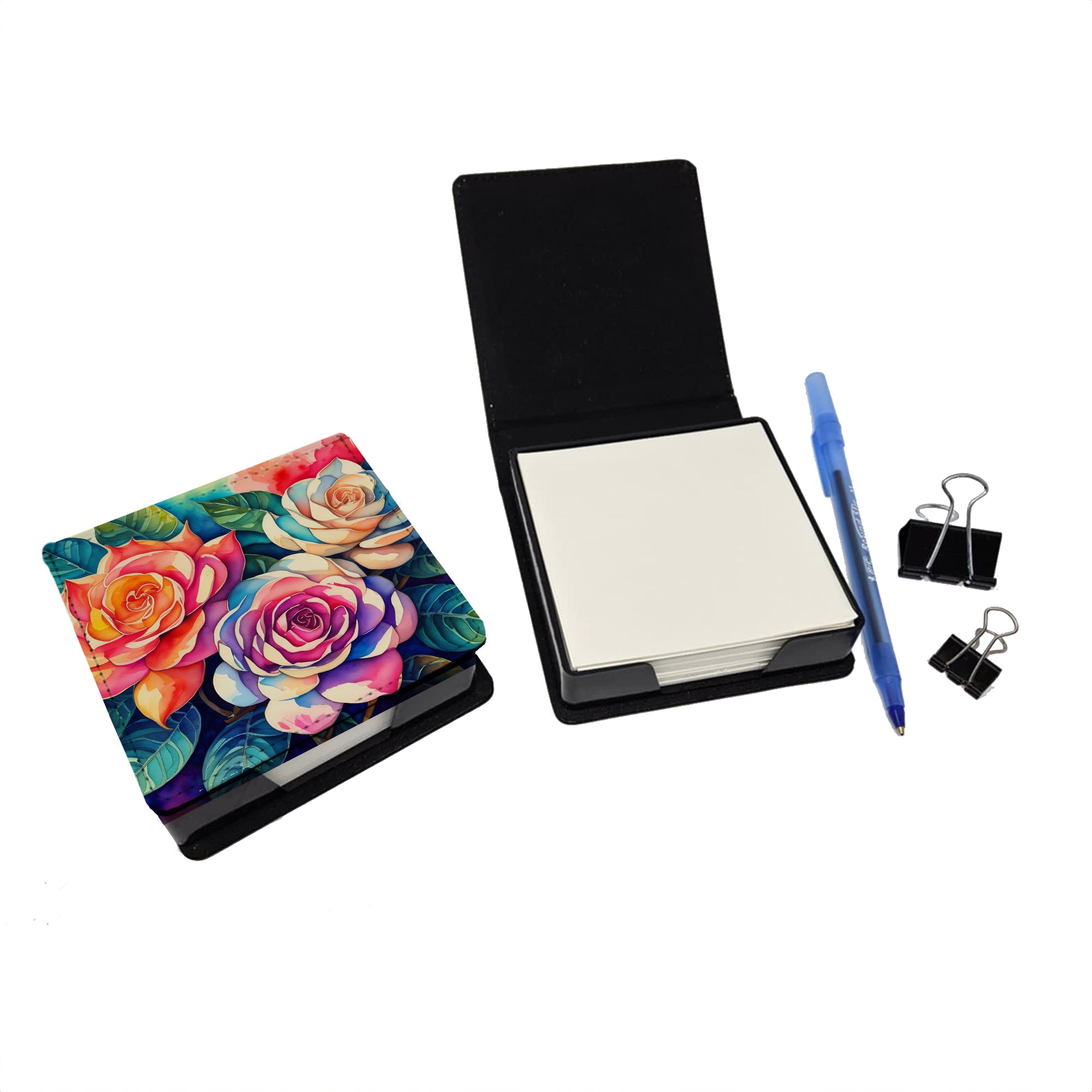 Gardenias in Color PU Leather Note Paper Holder with Artist-Designed Cover, Desk Accessory, Office Gift
