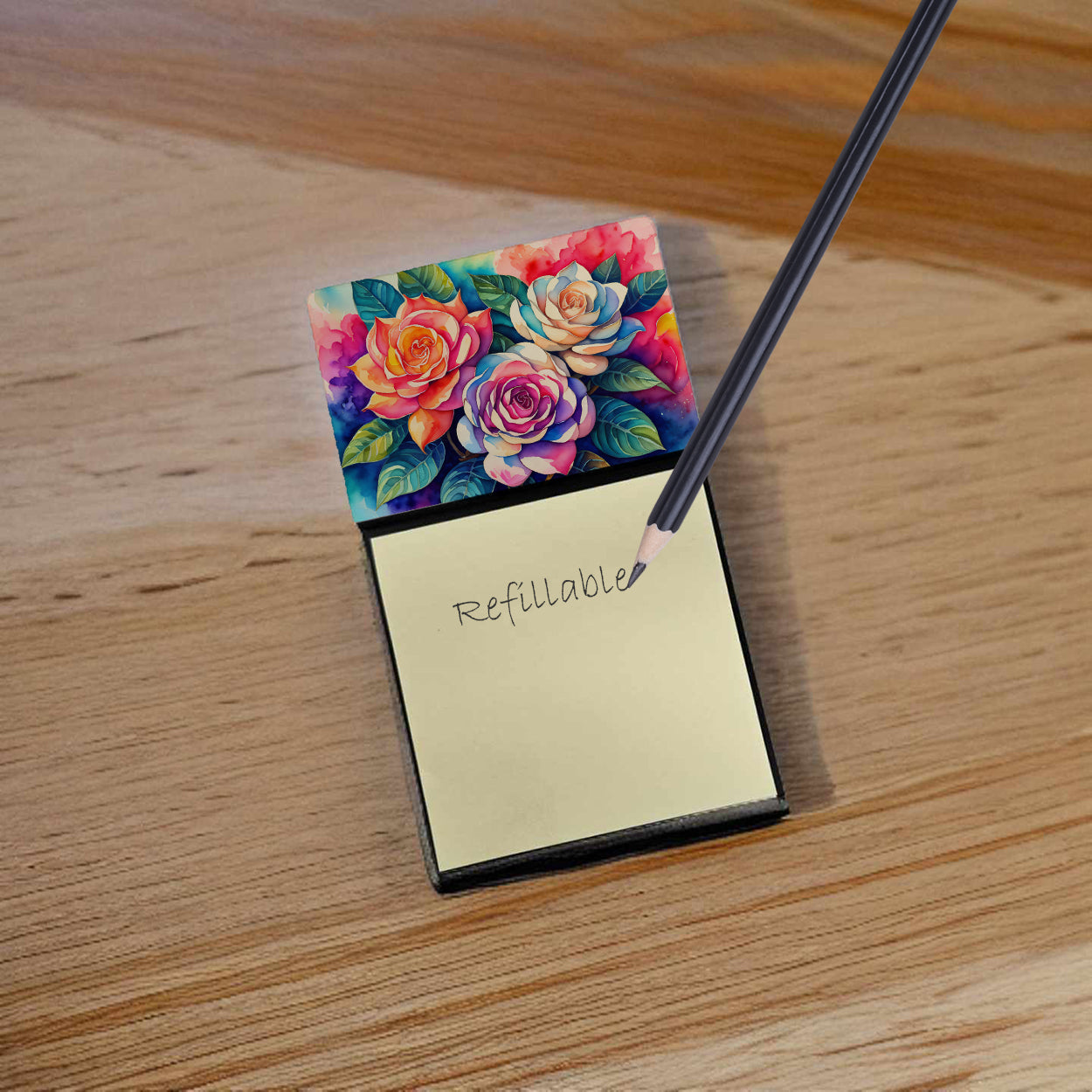 Gardenias in Color Watercolor Sticky Note Holder Refillable Dispenser Desk Accessory 3x3 Pad Gift