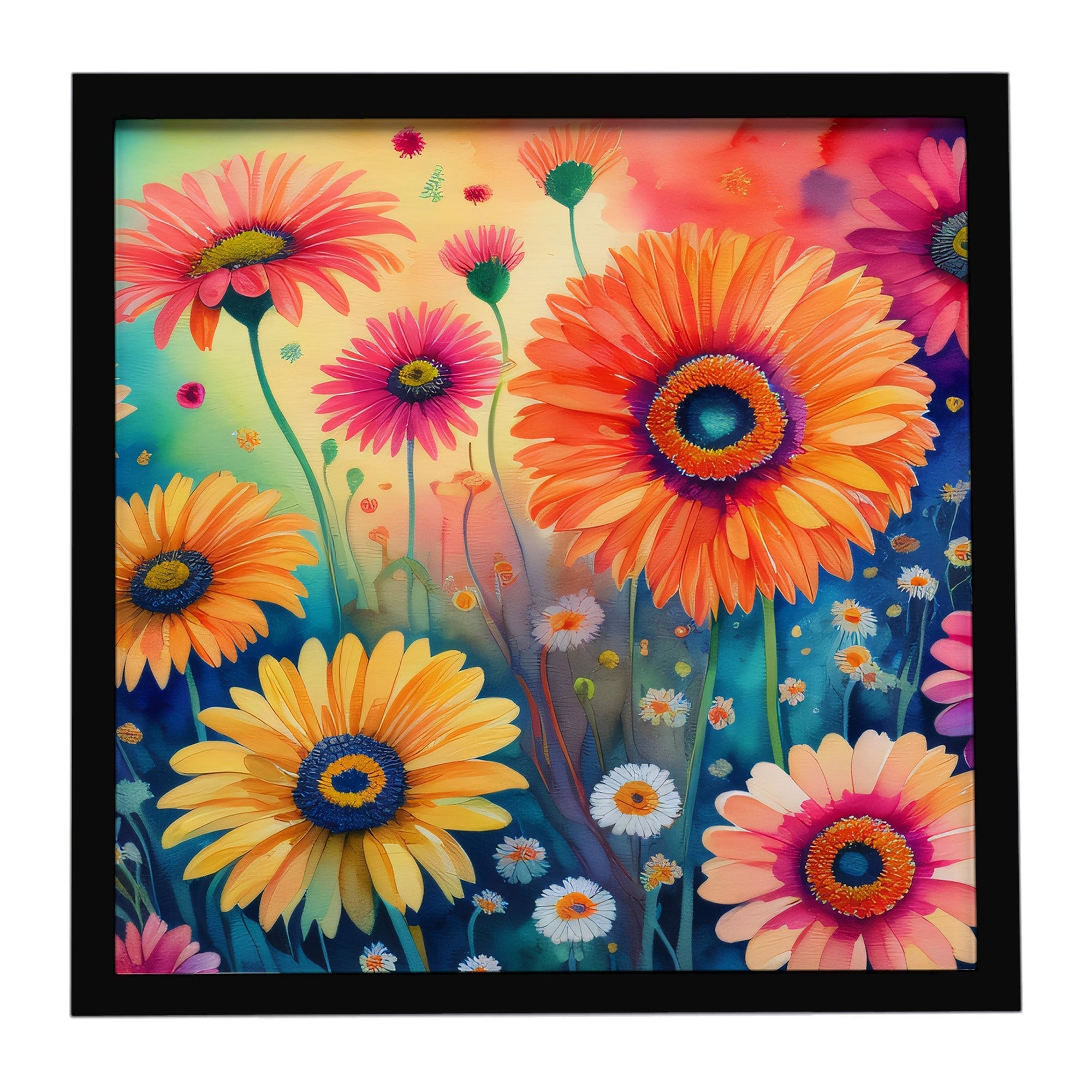 Gerbera Daisies in Color Framed Metal Print Bathroom, Kitchen, Office, Home Decor Wall Art Ready to Hang, Square, 8X8