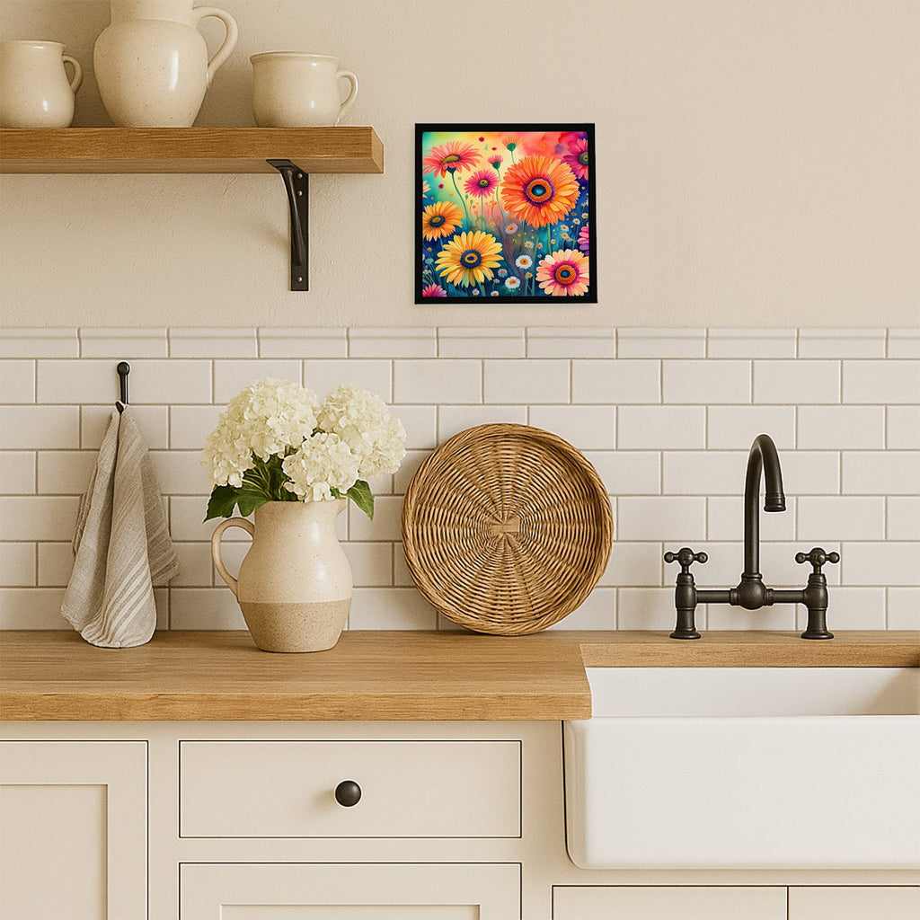 Gerbera Daisies in Color Framed Metal Print Bathroom, Kitchen, Office, Home Decor Wall Art Ready to Hang, Square, 8X8