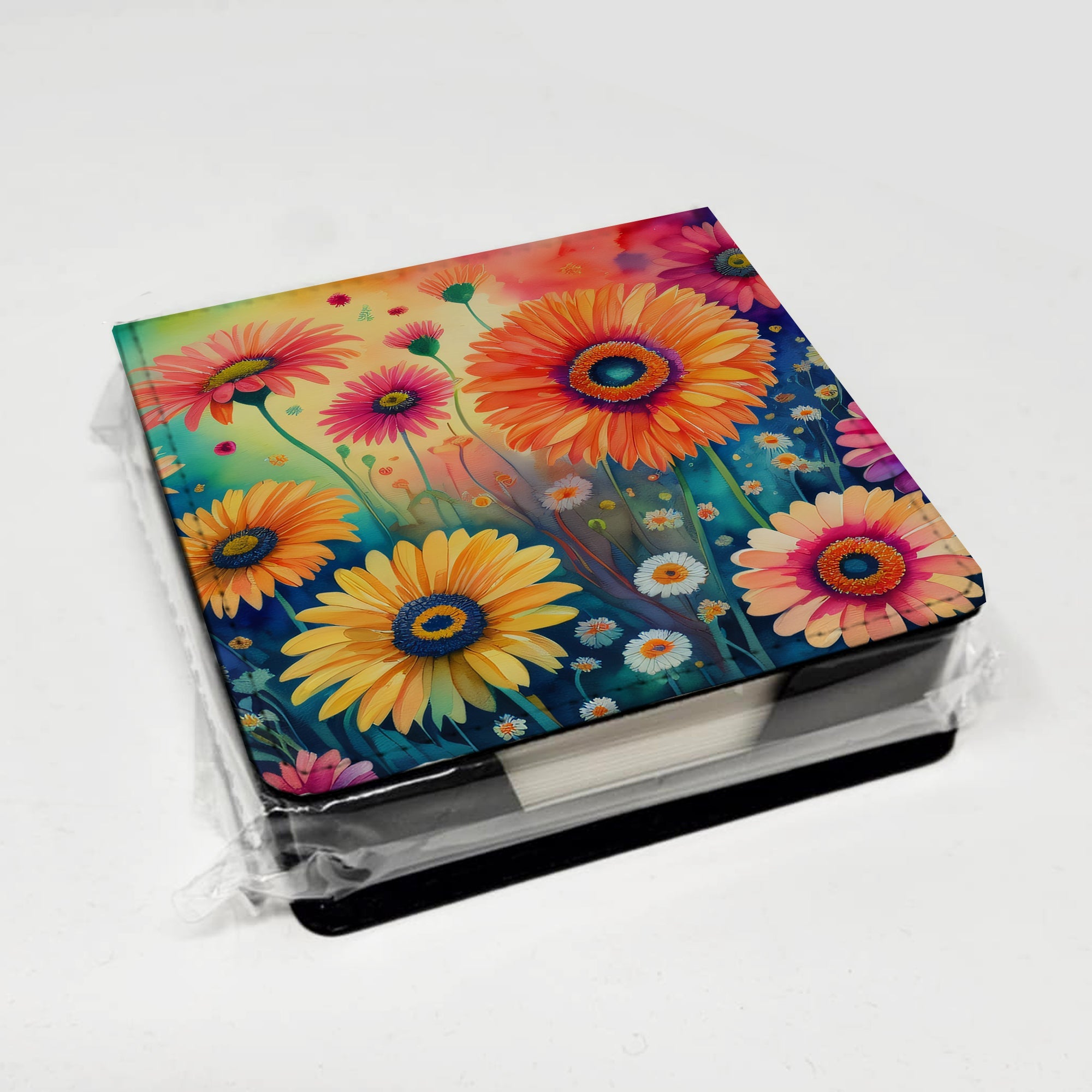 Gerbera Daisies in Color PU Leather Note Paper Holder with Artist-Designed Cover, Desk Accessory, Office Gift