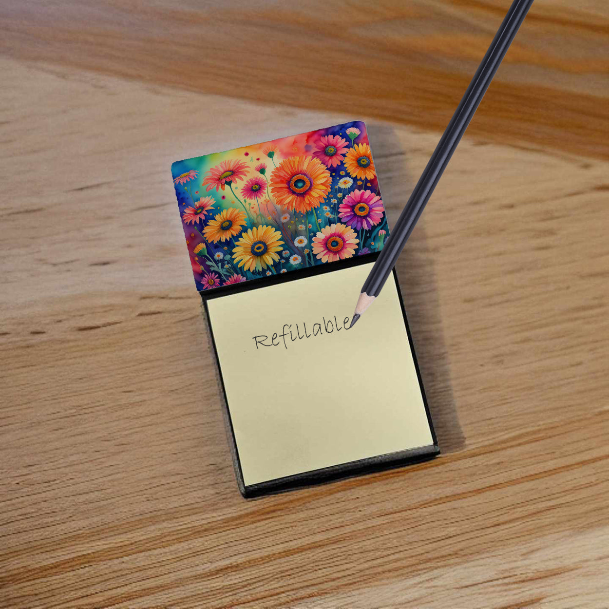 Gerbera Daisies in Color Watercolor Sticky Note Holder Refillable Dispenser Desk Accessory 3x3 Pad Gift