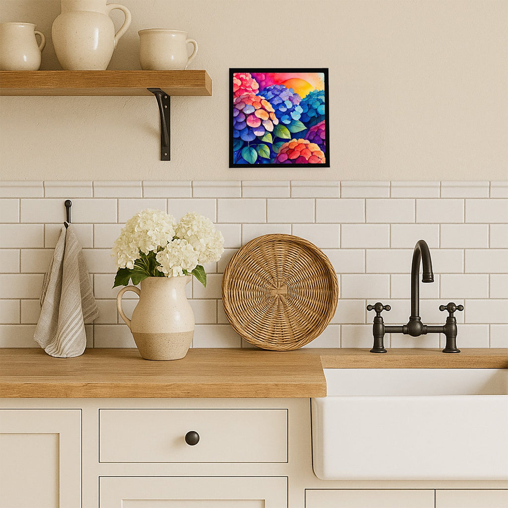Hydrangeas in Color Framed Metal Print Bathroom, Kitchen, Office, Home Decor Wall Art Ready to Hang, Square, 8X8