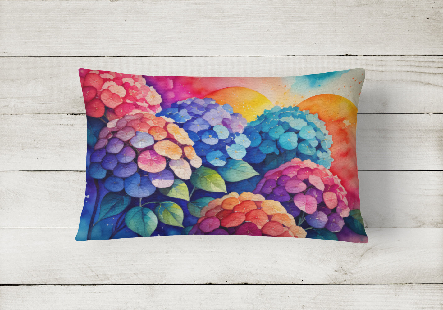 Hydrangeas in Color Decorative Throw Pillow 12x16 Indoor Outdoor Accent Cushion, Fabric Cover with Insert for Sofa, Bed, Porch & Living Room