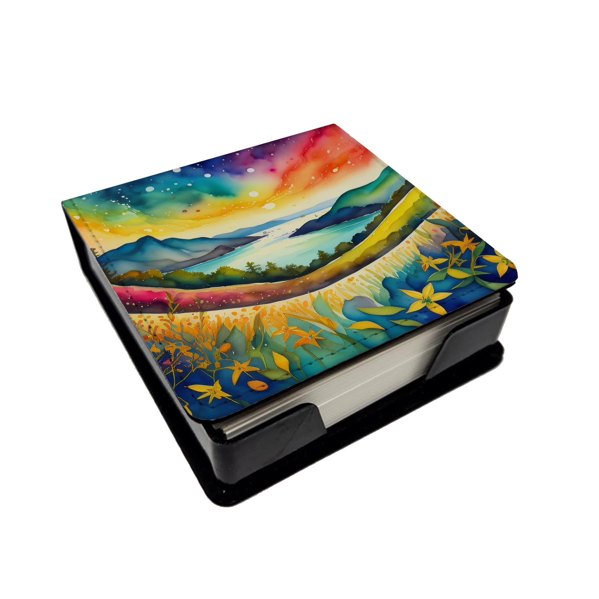 Hypericum or St. John’s Wort in Color PU Leather Note Paper Holder with Artist-Designed Cover, Desk Accessory, Office Gift