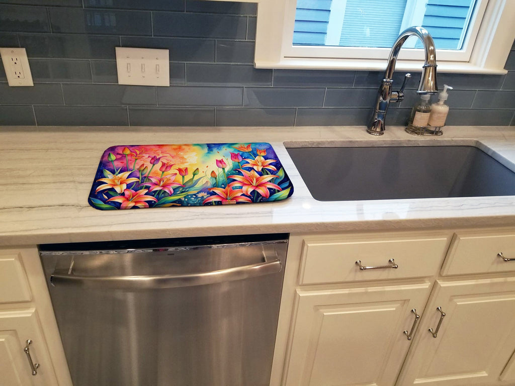 Lilies in Color Dish Drying Mat Absorbent Dish Drying Mat Pad for Kitchen Counter Dish Drainer Mat for Countertop, 14 x 21", Multicolor