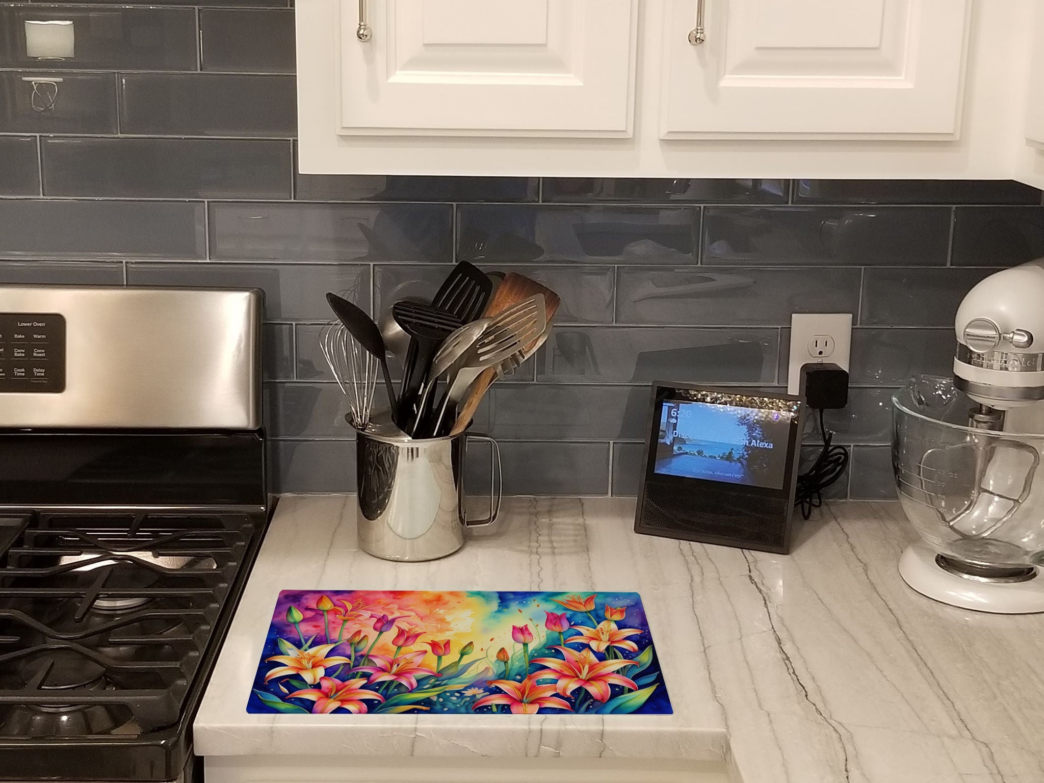 Lilies in Color Cutting Board Tempered Glass Kitchen Cutting Surface, Heat Resistant Chopping, Non-Slip Feet, Food Prep & Serving