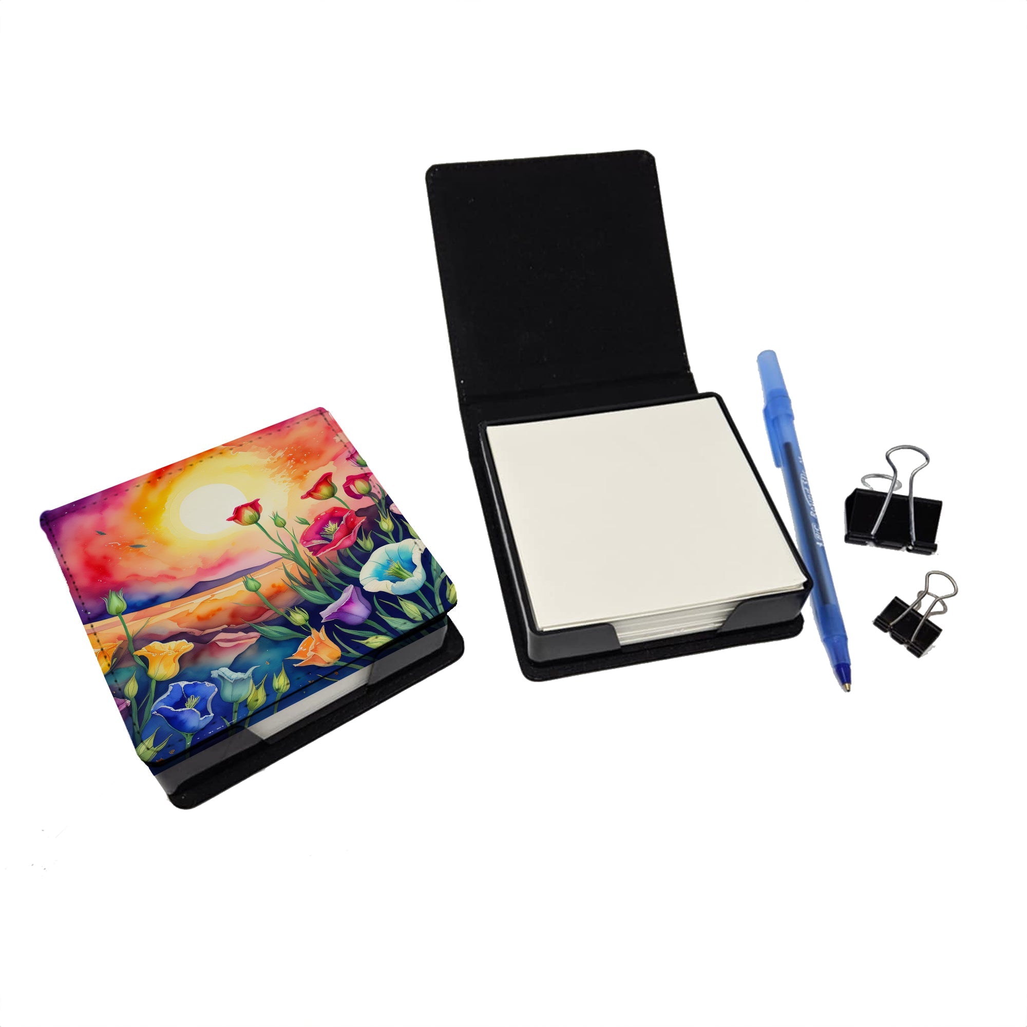 Lisianthus in Color PU Leather Note Paper Holder with Artist-Designed Cover, Desk Accessory, Office Gift