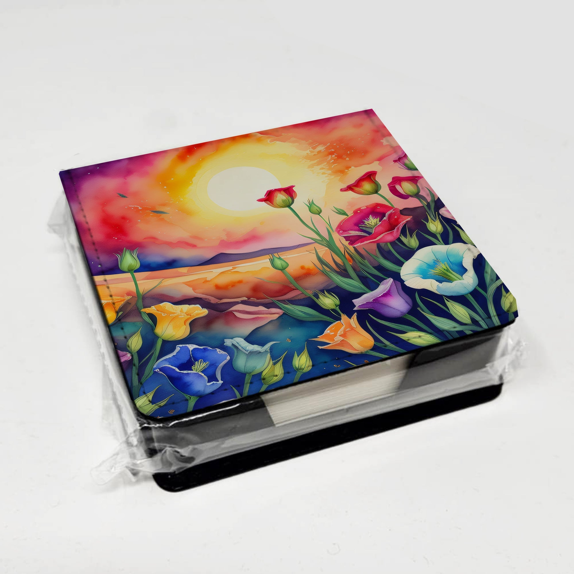 Lisianthus in Color PU Leather Note Paper Holder with Artist-Designed Cover, Desk Accessory, Office Gift