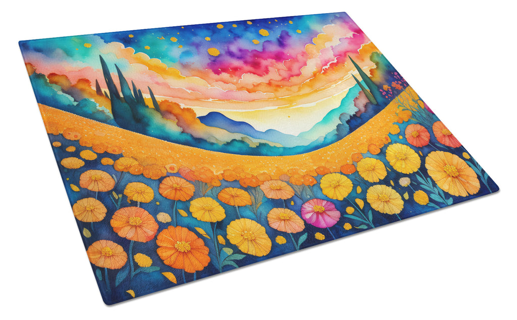 Marigolds in Color Cutting Board Tempered Glass Kitchen Cutting Surface, Heat Resistant Chopping, Non-Slip Feet, Food Prep & Serving