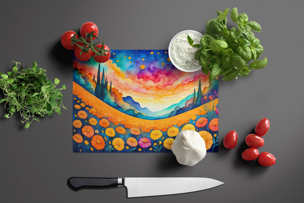 Marigolds in Color Cutting Board Tempered Glass Kitchen Cutting Surface, Heat Resistant Chopping, Non-Slip Feet, Food Prep & Serving