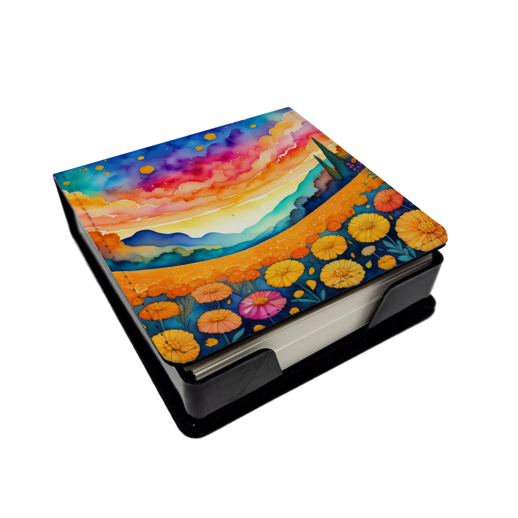 Marigolds in Color PU Leather Note Paper Holder with Artist-Designed Cover, Desk Accessory, Office Gift