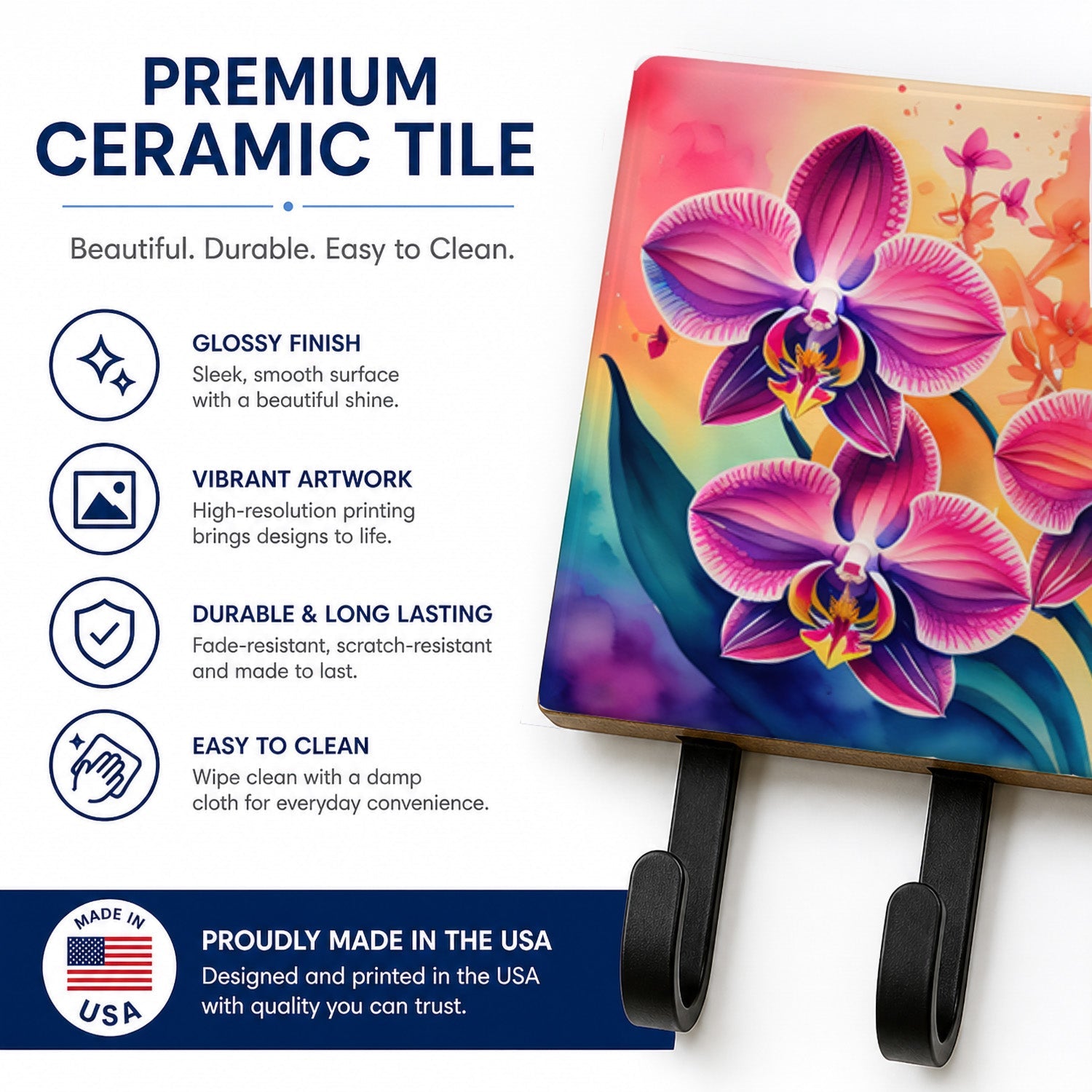 Orchids in Color Leash or Key Holder Wall Hooks, Coat Rack Wall Mount, for Hanging Keys, Towels, Aprons, Leashes