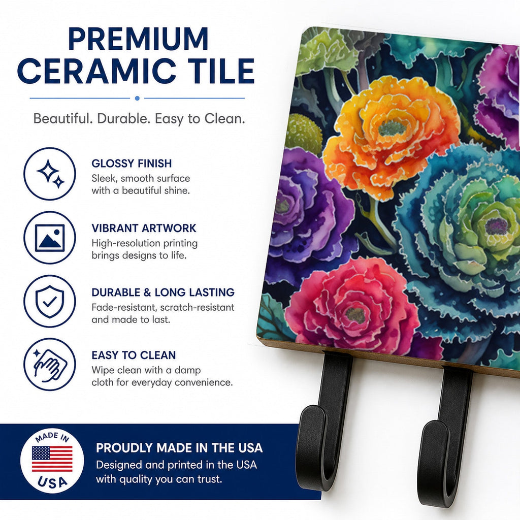 Ornamental Kale in Color Leash or Key Holder Wall Hooks, Coat Rack Wall Mount, for Hanging Keys, Towels, Aprons, Leashes