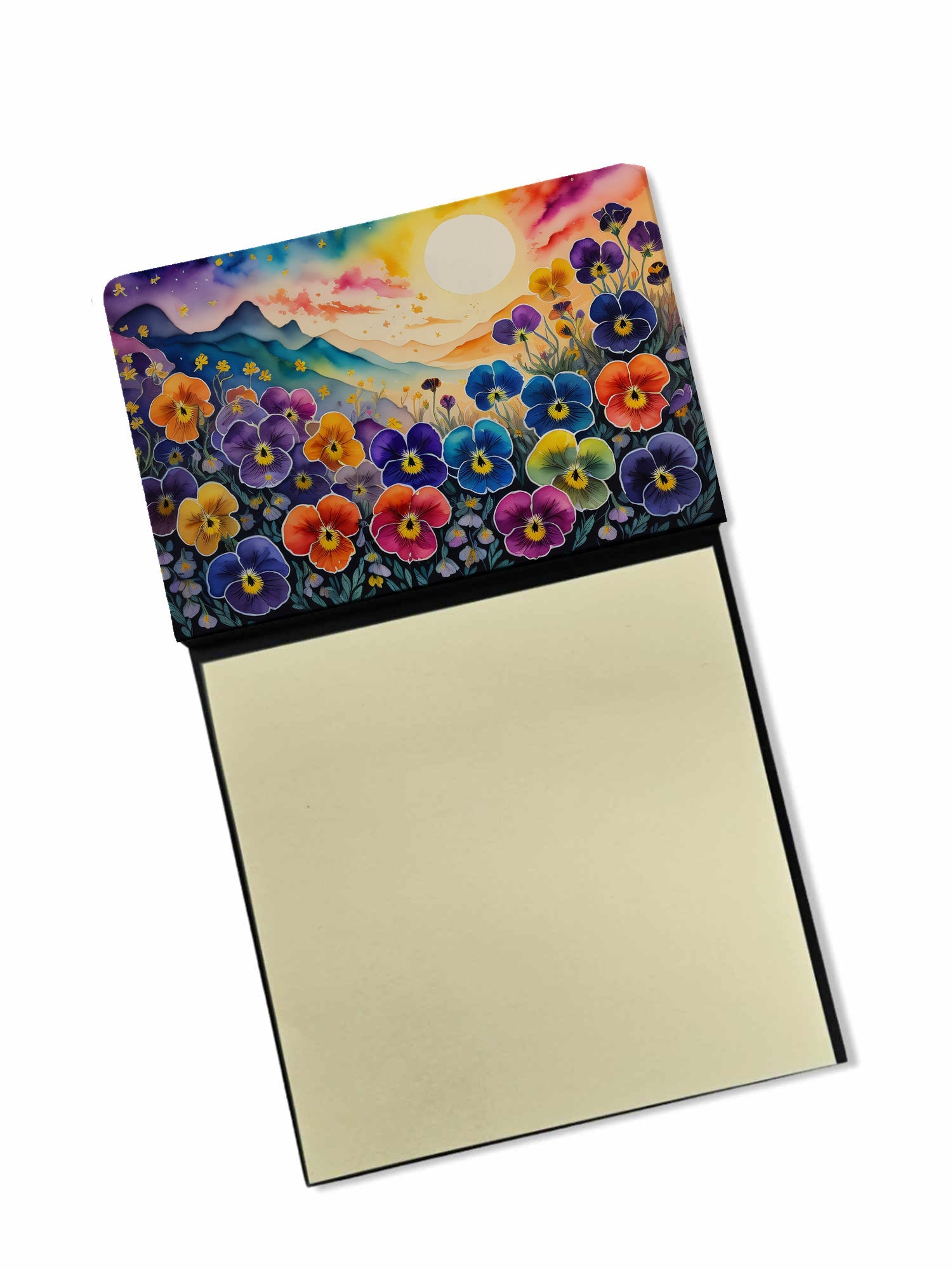 Pansies in Color Watercolor Sticky Note Holder Refillable Dispenser Desk Accessory 3x3 Pad Gift