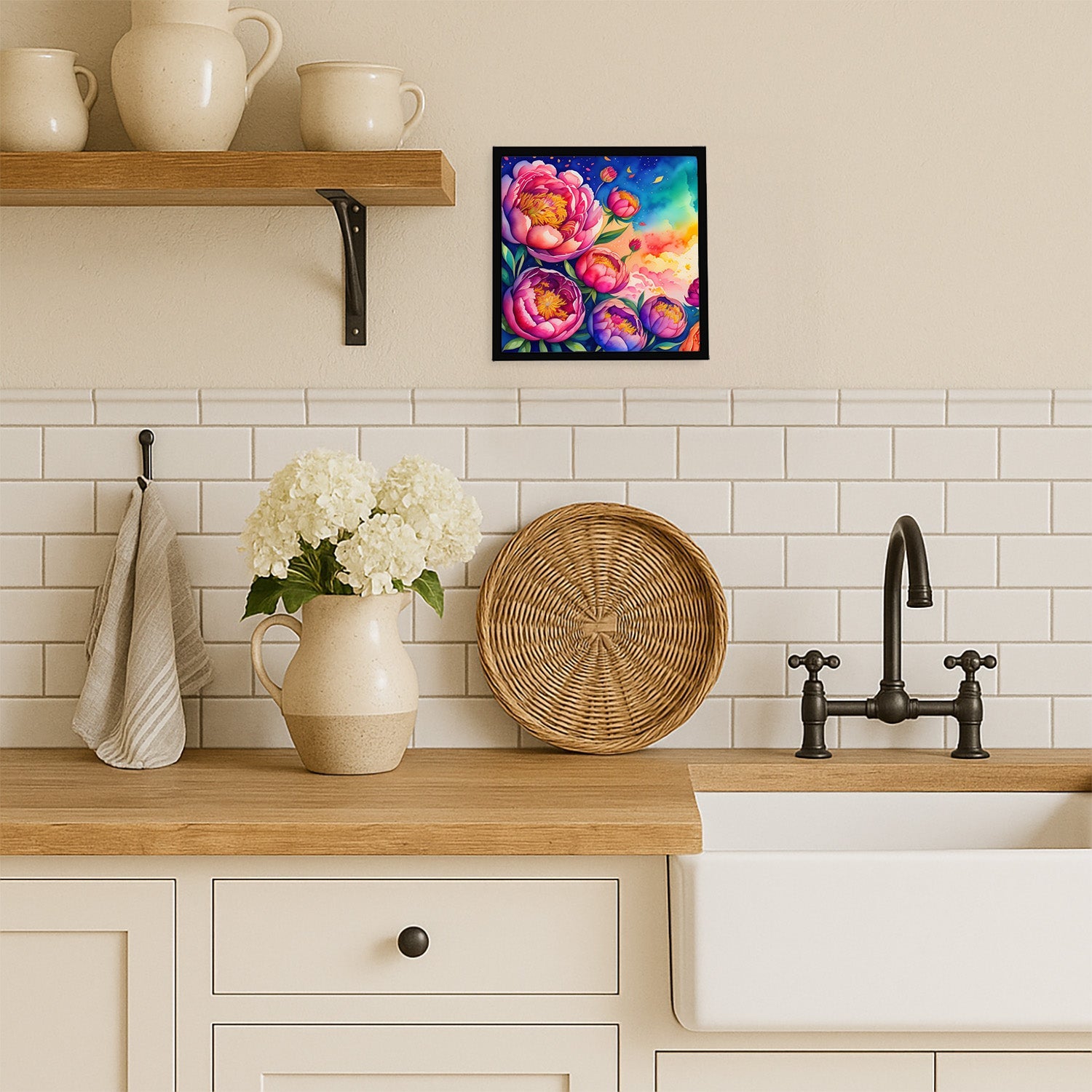 Peonies in Color Framed Metal Print Bathroom, Kitchen, Office, Home Decor Wall Art Ready to Hang, Square, 8X8