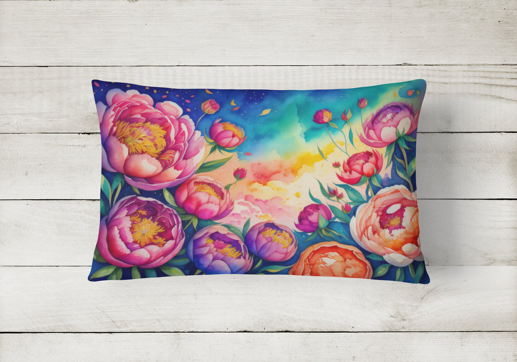 Peonies in Color Decorative Throw Pillow 12x16 Indoor Outdoor Accent Cushion, Fabric Cover with Insert for Sofa, Bed, Porch & Living Room