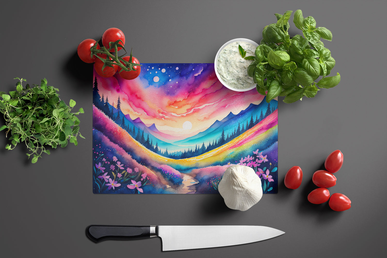 Phlox in Color Cutting Board Tempered Glass Kitchen Cutting Surface, Heat Resistant Chopping, Non-Slip Feet, Food Prep & Serving