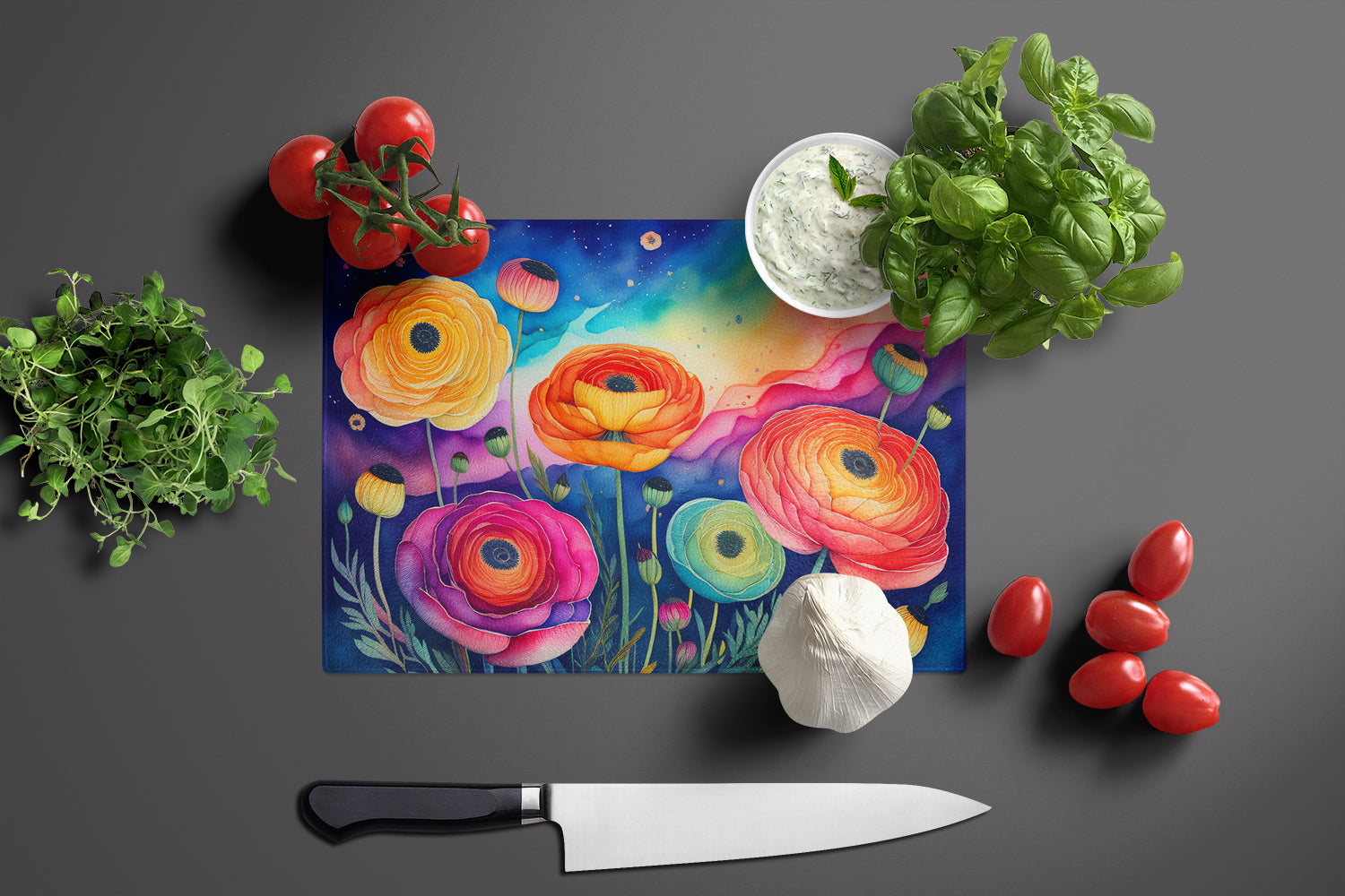 Ranunculus in Color Cutting Board Tempered Glass Kitchen Cutting Surface, Heat Resistant Chopping, Non-Slip Feet, Food Prep & Serving