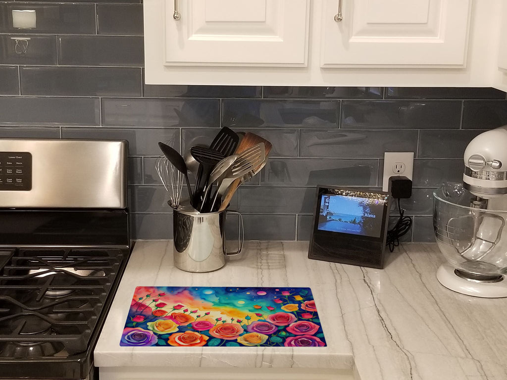 Roses in Color Cutting Board Tempered Glass Kitchen Cutting Surface, Heat Resistant Chopping, Non-Slip Feet, Food Prep & Serving