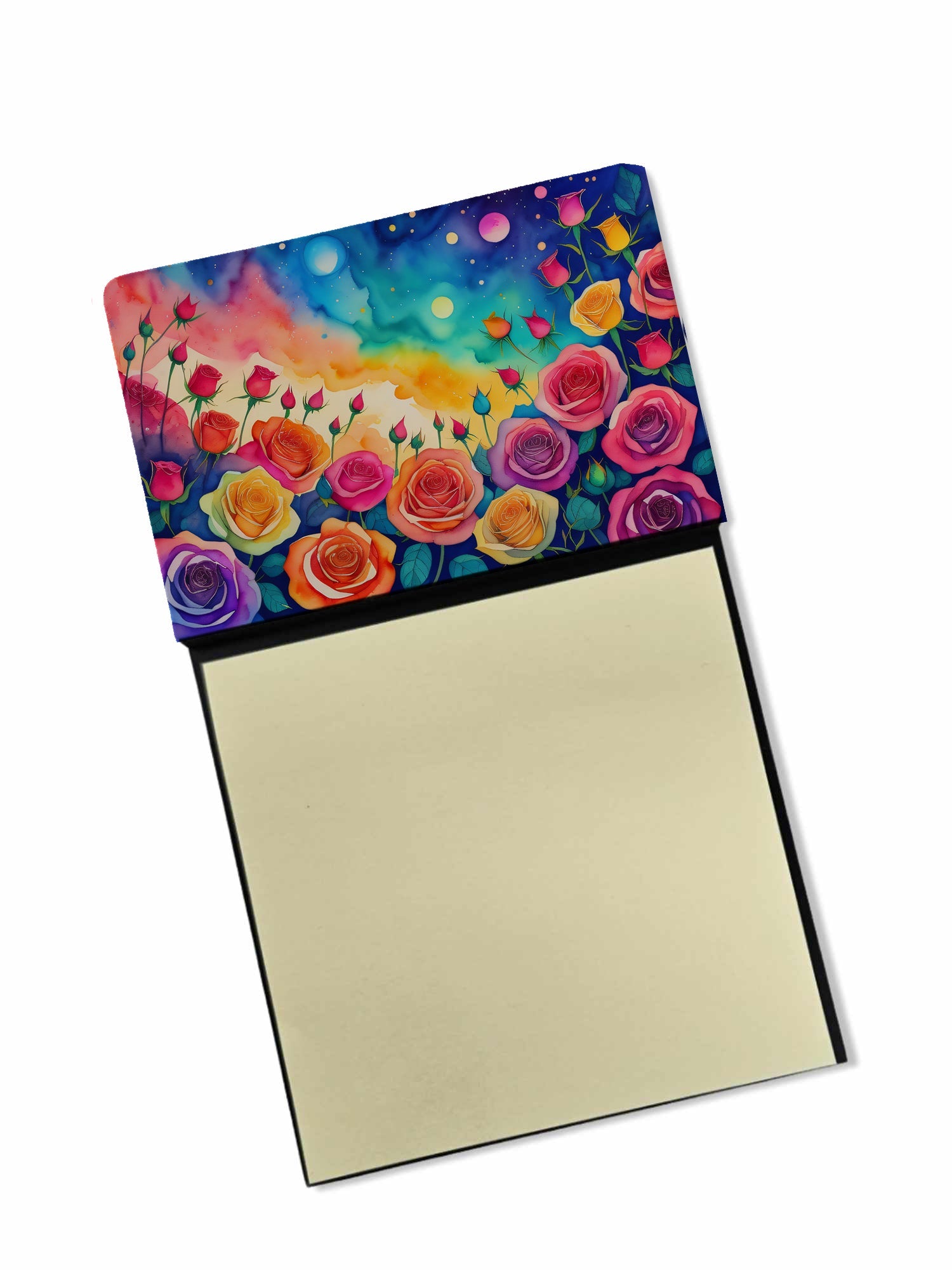 Roses in Color Watercolor Sticky Note Holder Refillable Dispenser Desk Accessory 3x3 Pad Gift