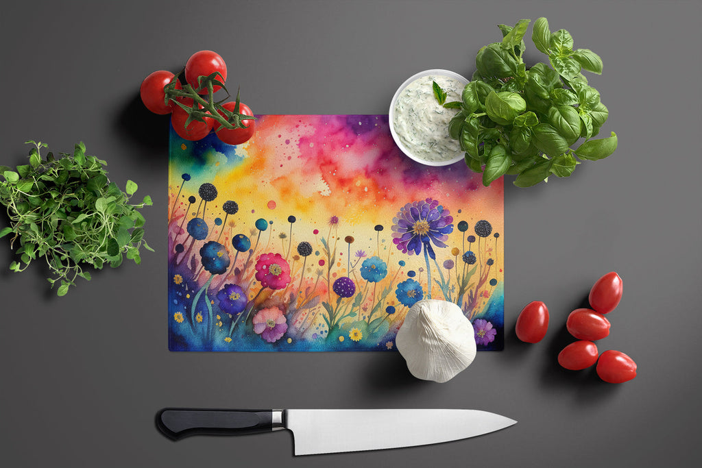 Scabiosa in Color Cutting Board Tempered Glass Kitchen Cutting Surface, Heat Resistant Chopping, Non-Slip Feet, Food Prep & Serving