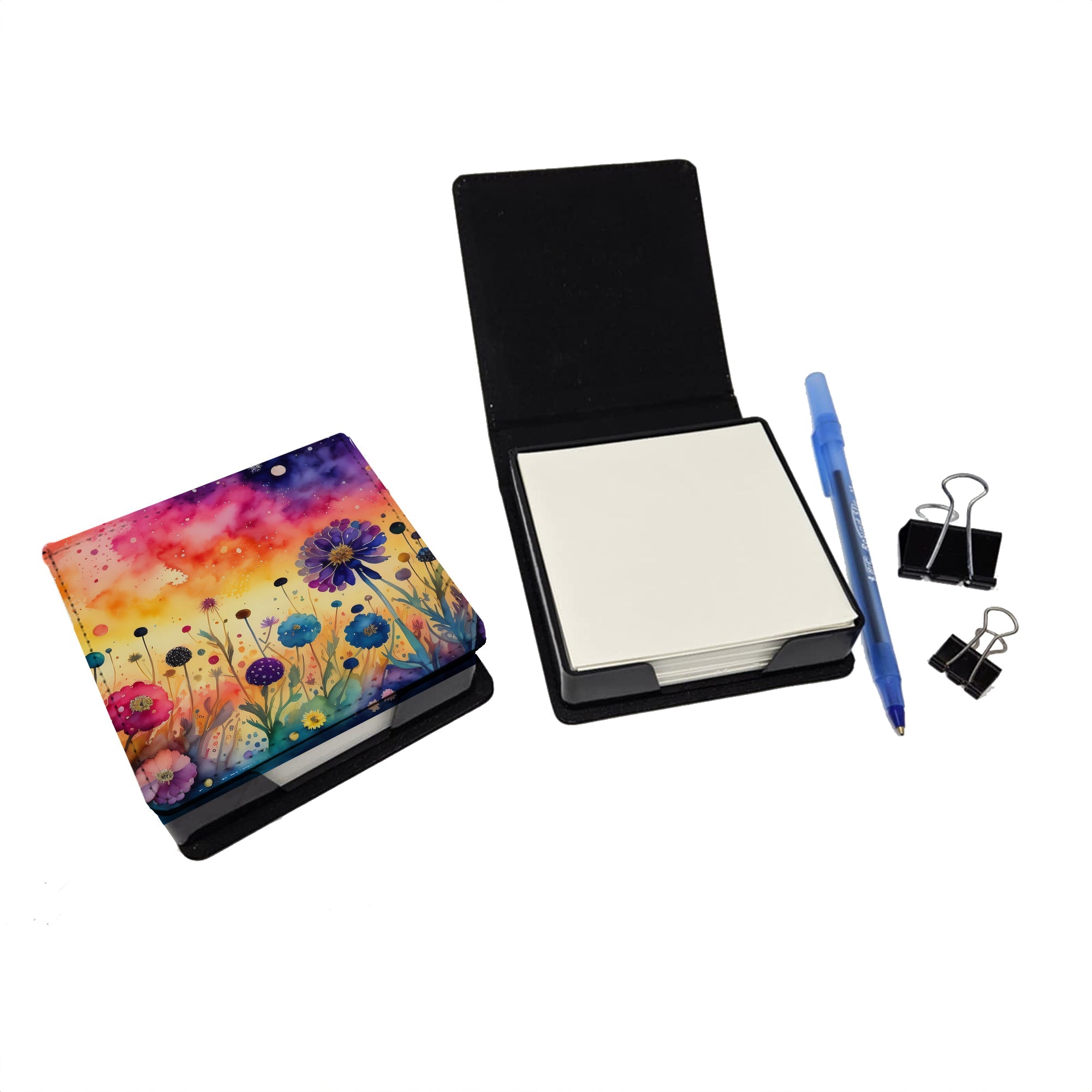 Scabiosa in Color PU Leather Note Paper Holder with Artist-Designed Cover, Desk Accessory, Office Gift